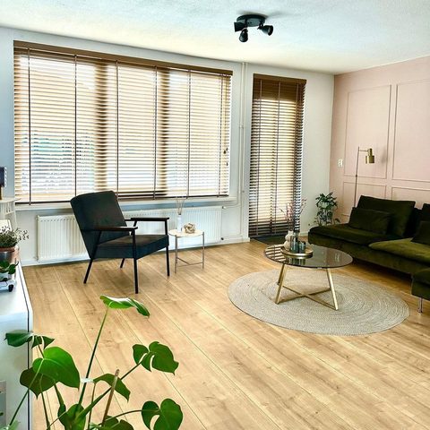 Woonkamer met houten jaloezieën in naturel, een groene bank, roze lambrisering en een onscherpe plant op de voorgrond