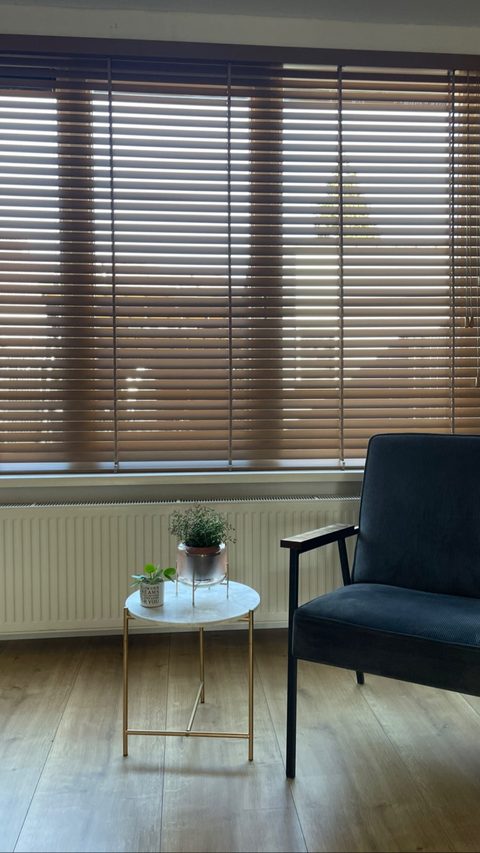 Bruine houten jaloezieën boven een radiator, met bijzettafel met plantjes en een donkere fauteuil