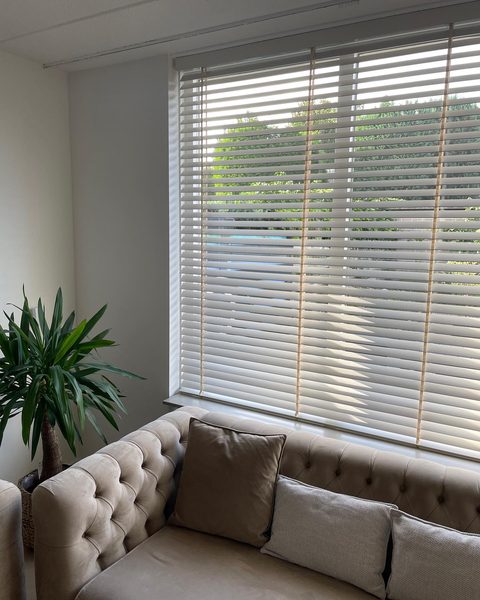 Woonkamer met witte houten jaloezieën met ladderband voor een breed raam, met bank en plant ervoor