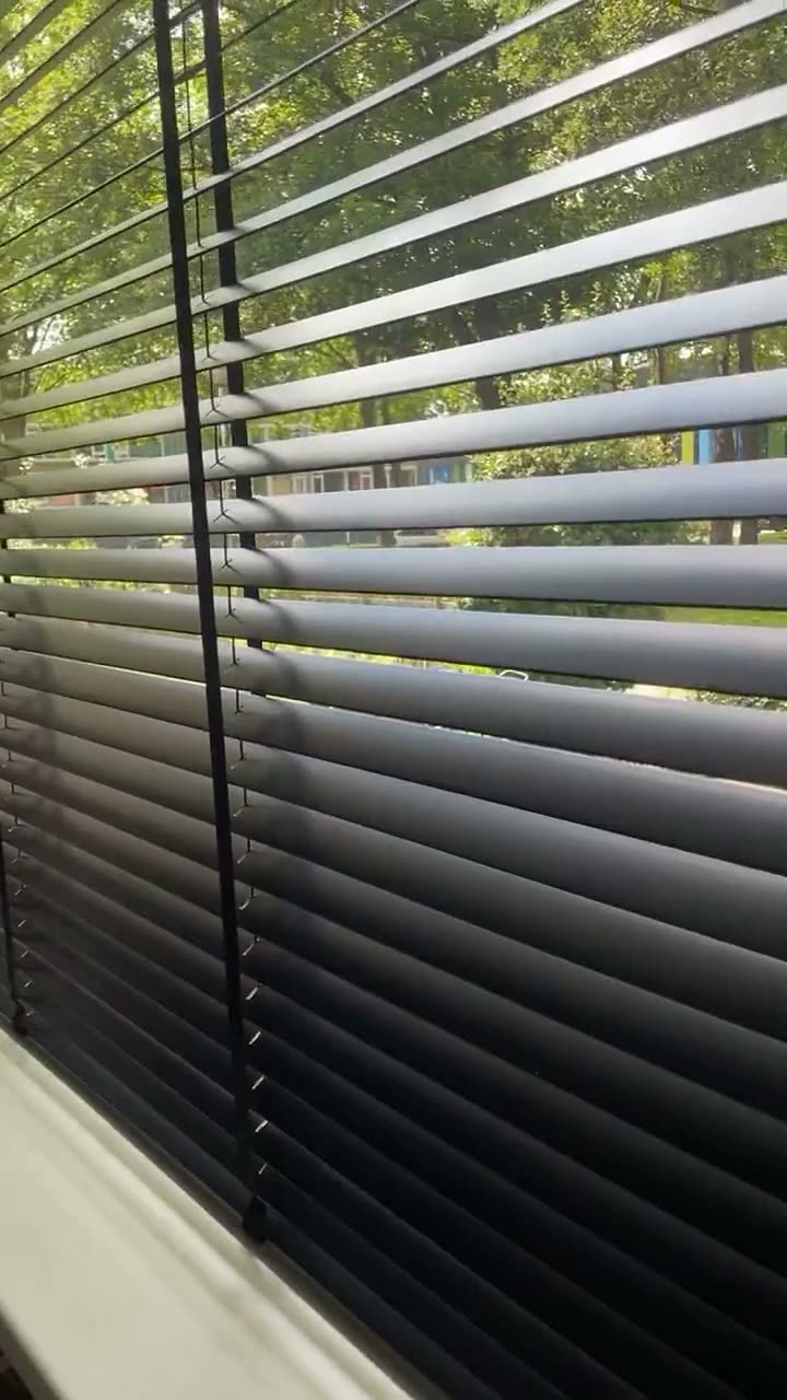 Antracietkleurige lamellen met zonlicht en groen erachter
